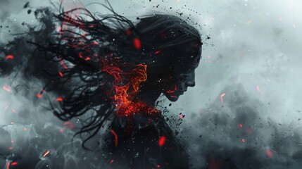 A digital artwork depicting a woman disintegrating with dynamic, fiery elements in a storm.