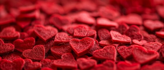 Close-up of numerous textured red felt hearts creating a love-themed background.