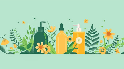 Composition with natural organic cosmetic products in bottles, jars, tubes for skincare. Flat lay photography of skincare products. Cosmetic products mirror on a shelf. Flat vector illustration