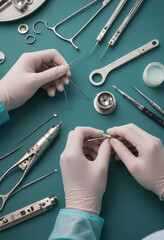 A close-up of hands performing delicate surgery, surrounded by medical instruments.