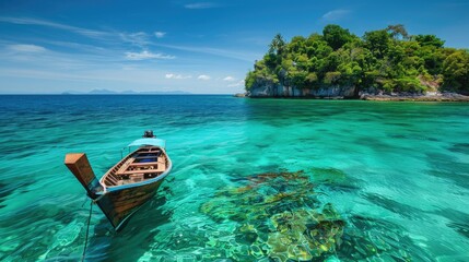Obraz premium Boat near beautiful tropical island with crystal blue waterBoat near beautiful tropical island with crystal blue water