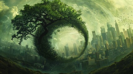 A surreal scene depicting a spiral green world, where a cityscape is contained within an eggshell - obrazy, fototapety, plakaty