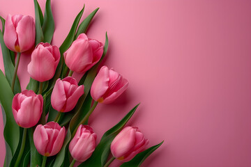 Fototapeta premium Flat lay top view with pink tulips on pink background, perfect for spring-themed promotional materials or feminine lifestyle blog posts.