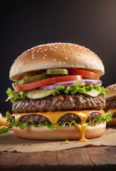 Advertising poster style juicy burger, high speed, professional photography 