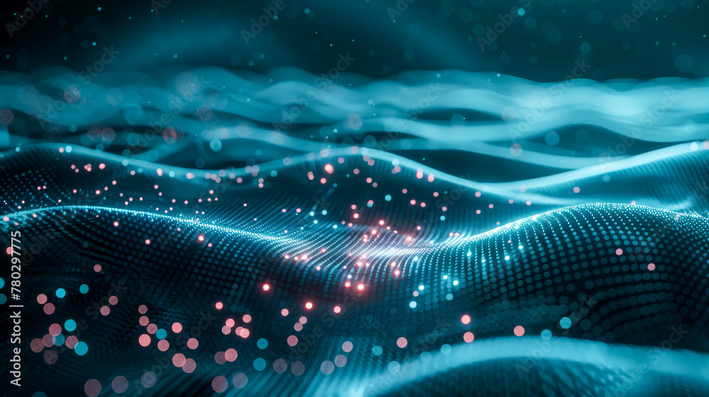 Wall mural abstract blue wavy futuristic technology background with shiny dots