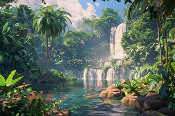 An oasis in the lush forest Waterfall that cascades into tiers - obrazy, fototapety, plakaty