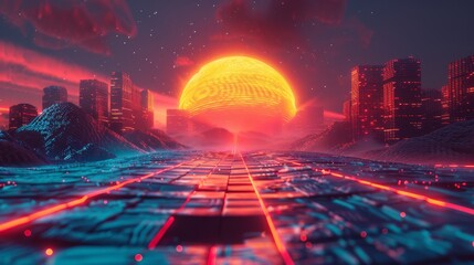 A vivid 3D grid landscape with a neon sun and retro wave, evoking a sense of nostalgia and futuristic wonder - obrazy, fototapety, plakaty