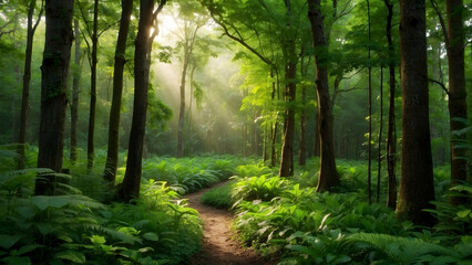 a stunning lush green forest with sunbeam