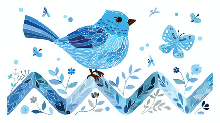 Bluebird with Butterfly and Zig Zag Background flat vector
