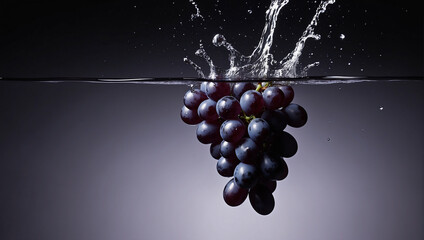 Healthy fresh bunch of grapes in water splash on black background, Grapes in water. ai generative