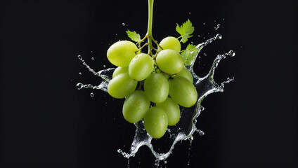 White grapes with water splash isolated on black background. ai generative