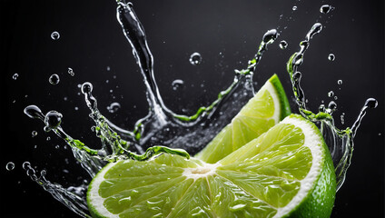 Fresh lime cut in half with water splash isolated on black background. ai generative - obrazy, fototapety, plakaty