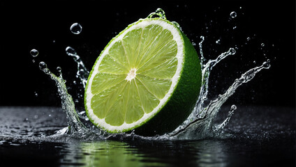 Fresh lime cut in half with water splash isolated on black background. ai generative