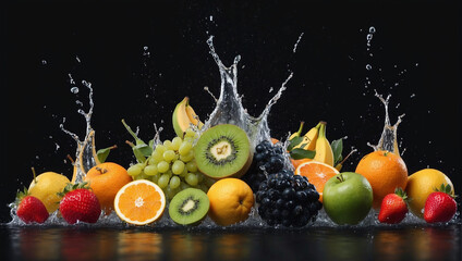 A group of fruit is splashing into a body of water with a splash of water, black background. ai generative
