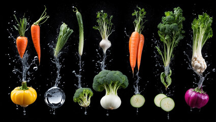 Vegetables Jump out from water,  healthy food diet freshness concept isolated black background. ai generative