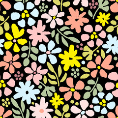 Simple floral vector seamless pattern. Multicolored flowers, green leaves on a black background. For fabric prints, textiles. Spring-summer collection.