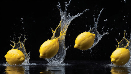 Fresh Lemons with water splash on isolated black background. ai generative