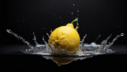 Fresh lemon on black background with water splash, Lemon splashing in water. ai generative