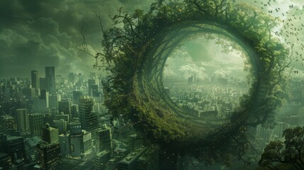 An ethereal depiction of a spiral green world, housing a cityscape within an eggshell