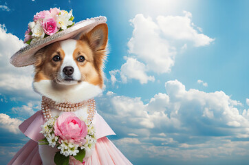 素敵な人に会いに行くのかな？花束を持ち、ピンクの帽子を被ってドレスを着たをした可愛い犬の婦人と青空