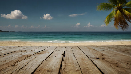 a wooden deck with blue sea and clear sky in the background