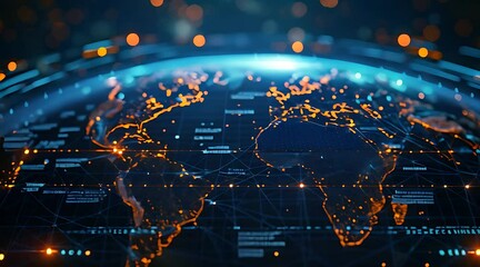 A blue and yellow world map is displayed, highlighting continents, countries, and oceans. The colors provide a clear distinction, making it easy to identify different regions and geographical features