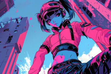 An anime-style illustration of character with neon blue and pink color, dynamic pose of a female femme fatal, wearing black sportswear in the style of cyberpunk. futuristic vibe. generative AI