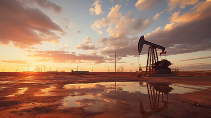 Desert Dreamscape: Oil Rigs, Silhouettes Against a Fiery Canvas
