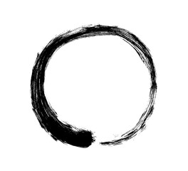 Enso Zen black grunge circle. Round ink brush stroke, buddhism symbol isolated on white