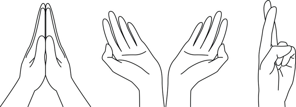 doodle praying hands, hand drawn, outline vector, wish, blessing, religion