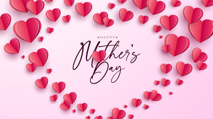 Happy Mother's Day Banner Design with Flying Heart and Typography Lettering on Dark Background. Vector Mom Celebration Illustration with Symbol of Love for Postcard, Greeting Card, Flyer, Invitation