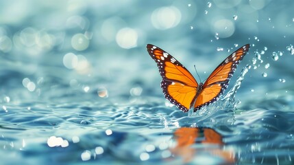 Fototapeta na wymiar Butterfly flying over clear water, sensitive backgrounds with copy space.