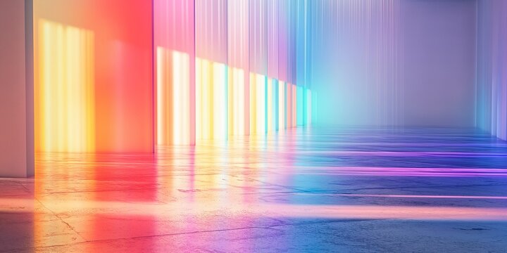 Empty room with rianbow light background. Rainbow color. Disco party. Pride light background. Festive art surface. Colorful pink yellow green blur glowing rays overlay on neutral wall.