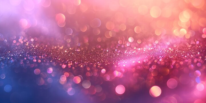 Decoration twinkle glitters background, abstract blurred backdrop with circles,modern design overlay with sparkling glimmers. red pink and golden backdrop glittering sparks with glow effect