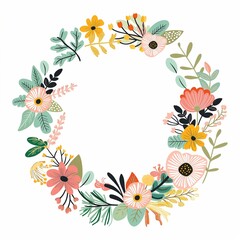 Blank floral circle frame isolated on white background, 2d flat graphic illustration design, greeting cards, celebration empty mock up frame border design.