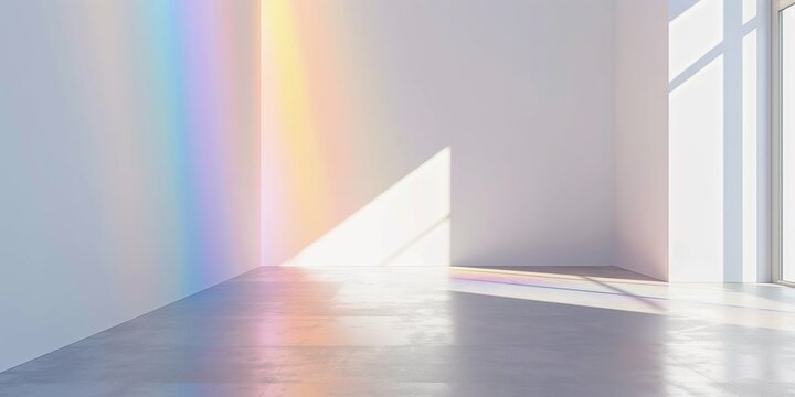 Empty room with rianbow light background. Rainbow color. Disco party. Pride light background. Festive art surface. Colorful pink yellow green blur glowing rays overlay on neutral wall.