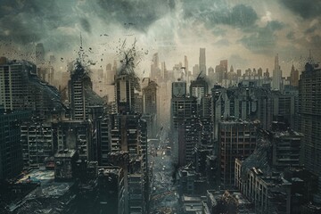 Dystopian city landscape Complete with crumbling buildings and polluted skies.