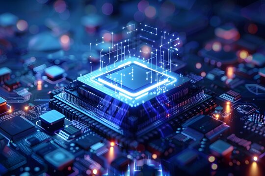 Technology abstract background of a quantum computing system with electronic circuit and processor. Neurons artificial, connections data global.