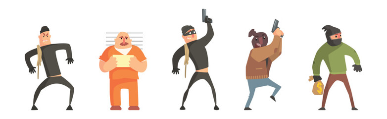 Man Criminal and Convict as Thief and Robber Vector Set