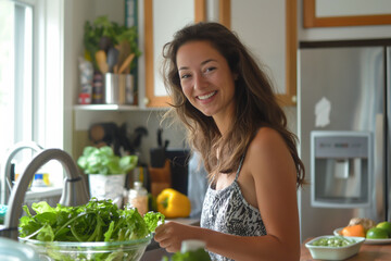 young woman standing in the modern kitchen preparing a delicious healthy salad and smiling into the camera - topic healthy vegetarian vegan diet
