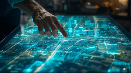 An urban planner designing a smart city layout on a multi-touch digital table