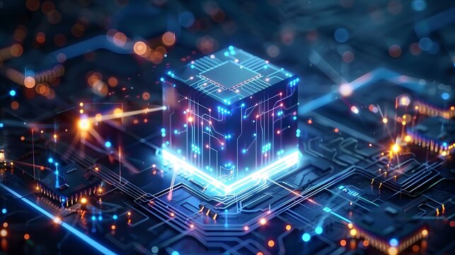 Technology abstract background of a quantum computing system with electronic circuit and processor. Neurons artificial, connections data global.