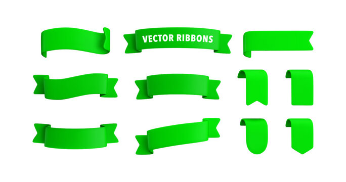 Vector Realistic 3d Ribbons and tags set. Cartoon 3d green ribbons collection on white background. Vintage design element, decorative sticker. Cute folded ribbon for sale banner, advert, game, app.