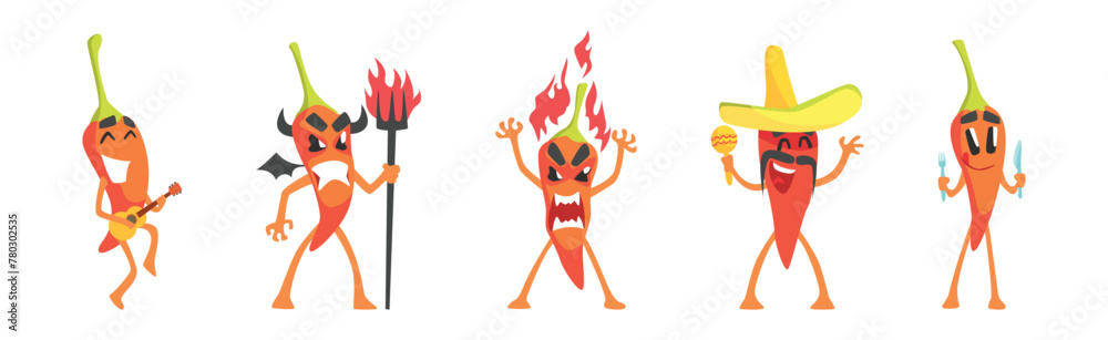 Wall mural Chili Pepper Funny Character with Emotion Vector Illustration Set