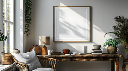 Frame mockup, ISO A paper size. Home Office wall poster mockup. Interior mockup with office background. Modern interior design. Generative ai	
