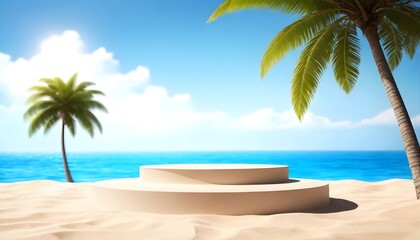 A sandy podium. Palm trees line the sandy beach as waves crash on the shore of the ocean in this tropical scene. Product background
