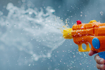 Water gun spraying a splash of water, showcasing the refreshing and playful moment, Songkran festival. - obrazy, fototapety, plakaty