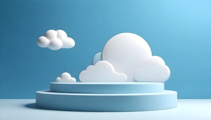A white cloud hovers delicately on top of a blue podium, creating a striking contrast between the serene blue backdrop and the fluffy white cloud