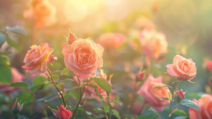 Obraz premium Tranquil scene of roses blooming in a garden, with the soft light of dawn in spring.