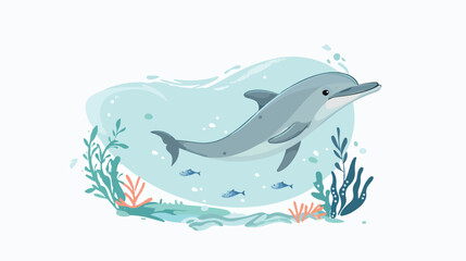 Cartoon dolphin swimming in the ocean flat vector  - obrazy, fototapety, plakaty